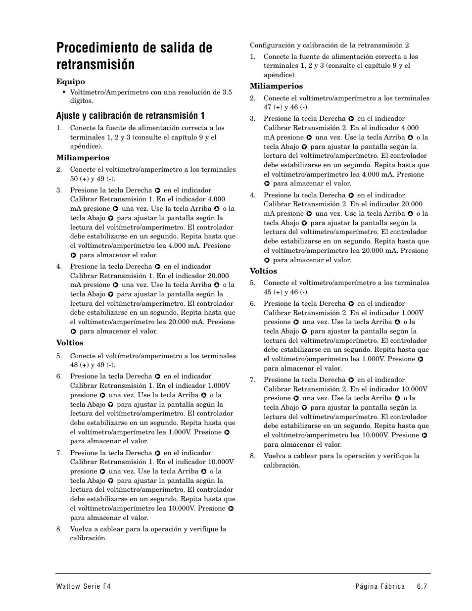 Procedimiento de salida, Procedimiento de salida de retransmisión, Ajuste y calibración de retransmisión 1 | Watlow Series F4 User Manual | Page 33 / 108