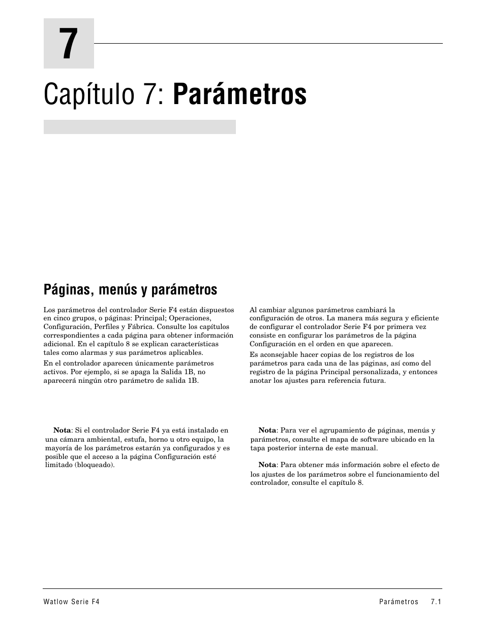 Capítulo 7: parámetros, Páginas, menús y parámetros | Watlow Series F4 User Manual | Page 35 / 108