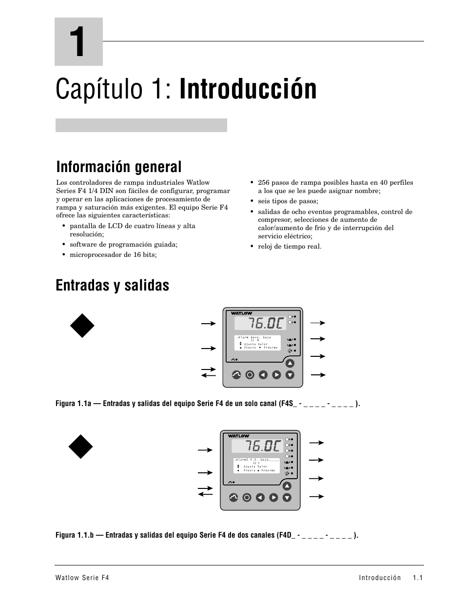 Capítulo 1: introducción, Información general, Entradas y salidas f4 | Entradas y salidas | Watlow Series F4 User Manual | Page 5 / 108