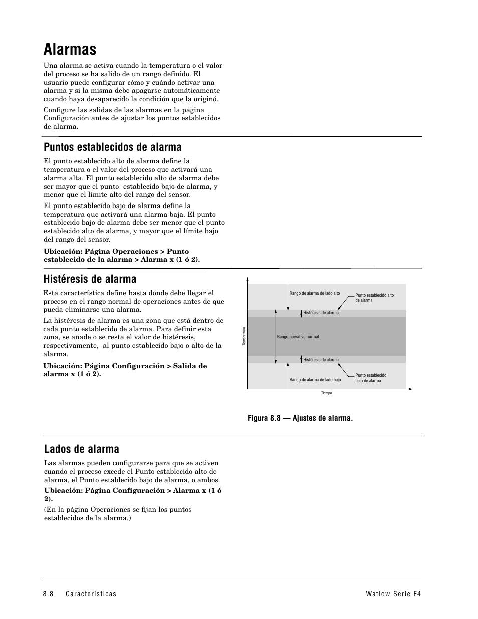 Alarmas, Puntos establecidos de alarma, Histéresis de alarma | Lados de alarma | Watlow Series F4 User Manual | Page 70 / 108
