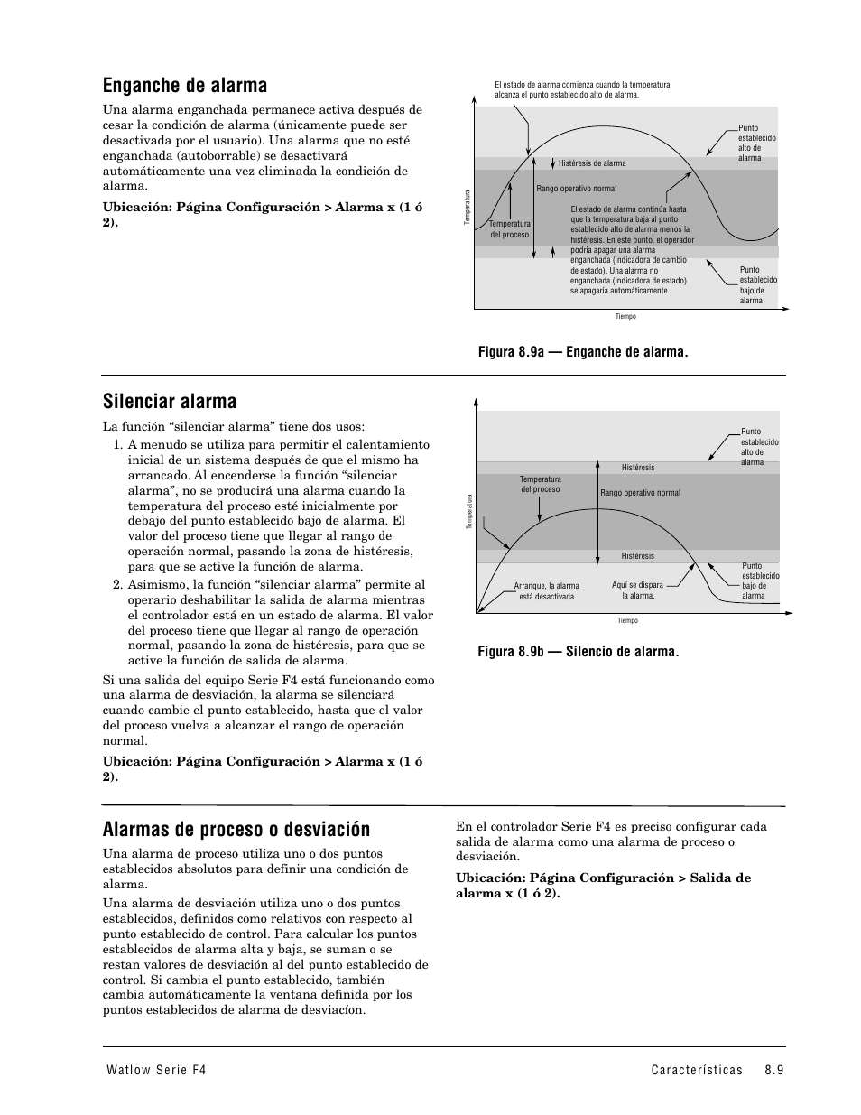 Enganche de alarma, Silenciar alarma, Alarmas de proceso o desviación | Watlow Series F4 User Manual | Page 71 / 108