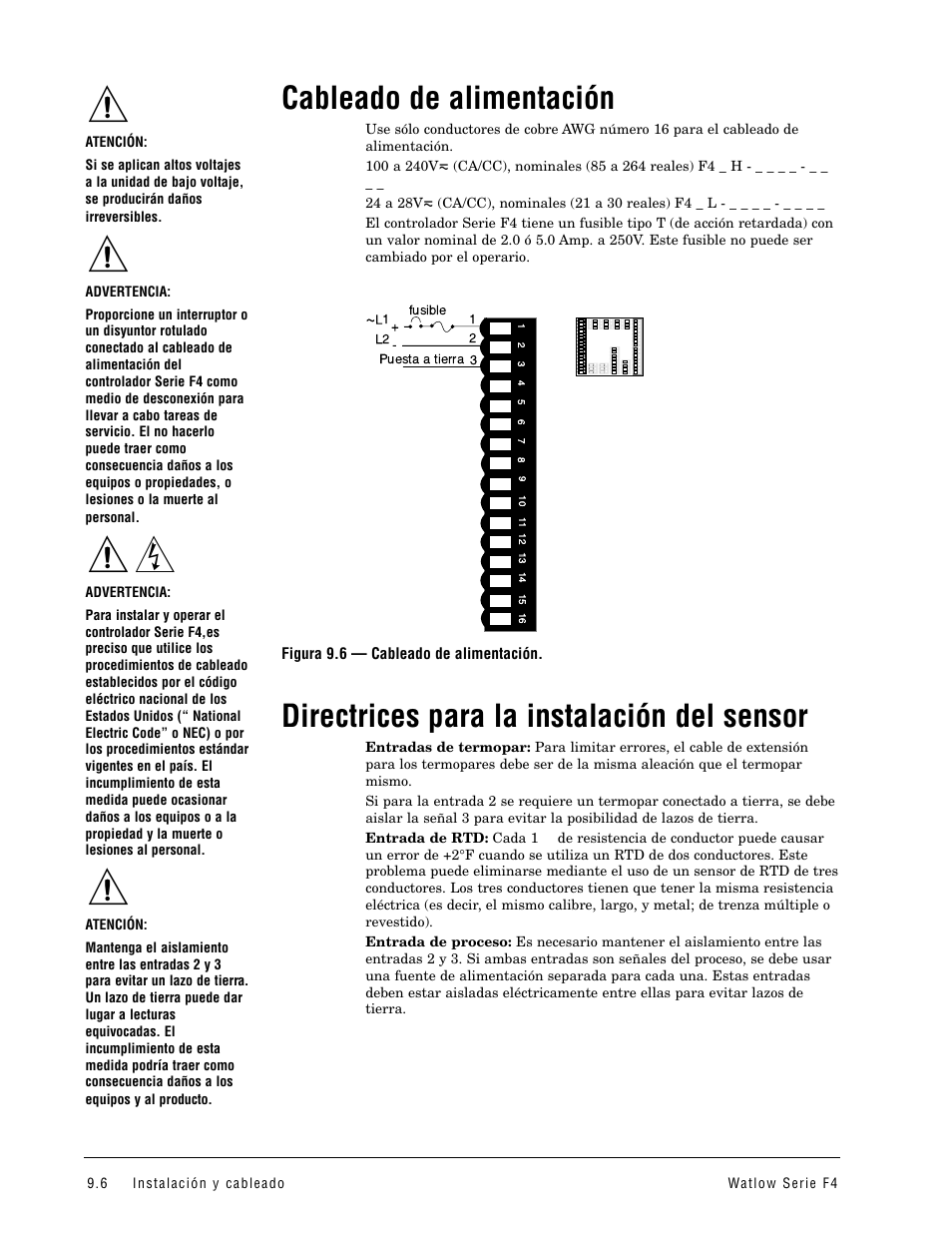 Cableado de alimentación, Directrices para la instalación del sensor | Watlow Series F4 User Manual | Page 80 / 108