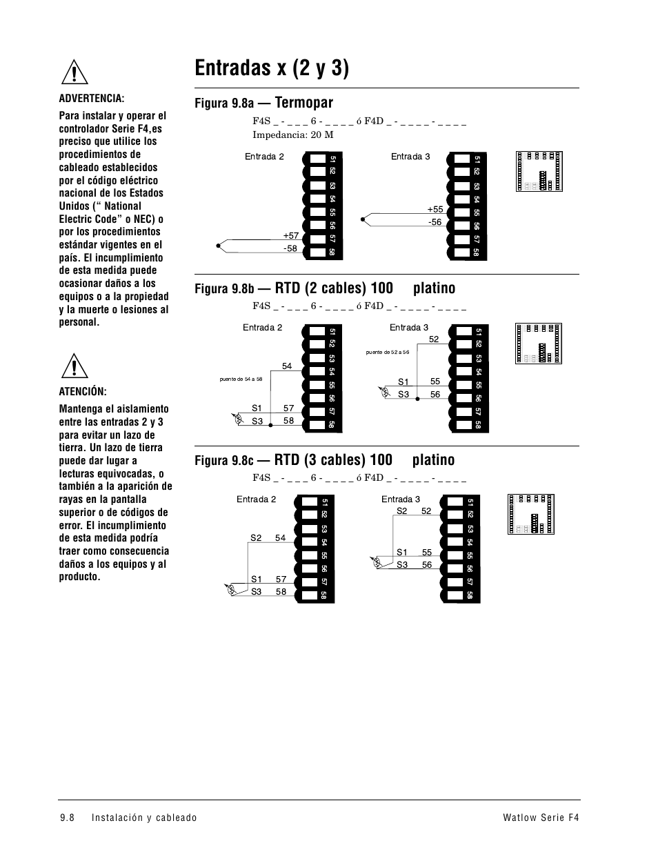 Entradas x (2 y 3), Termopar, Rtd (2 cables) 100 ω platino | Rtd (3 cables) 100 ω platino, Figura 9.8a, Figura 9.8b, Figura 9.8c | Watlow Series F4 User Manual | Page 82 / 108