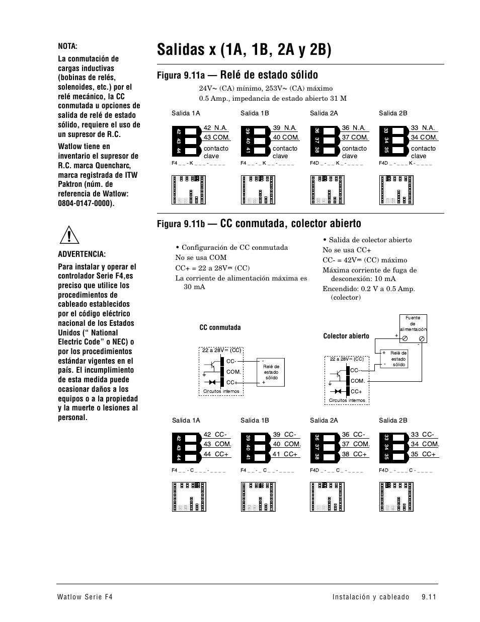 Salidas x (1a, 1b, 2a y 2b), Relé de estado sólido, Cc conmutada, colector abierto | Figura 9.11a, Figura 9.11b | Watlow Series F4 User Manual | Page 85 / 108