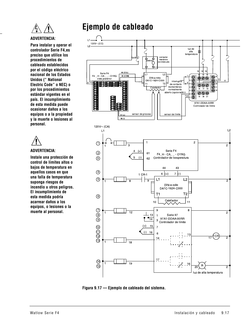 Ejemplo de cableado, Figura 9.17 — ejemplo de cableado del sistema, L2 l1 t1 t2 | Watlow Series F4 User Manual | Page 91 / 108