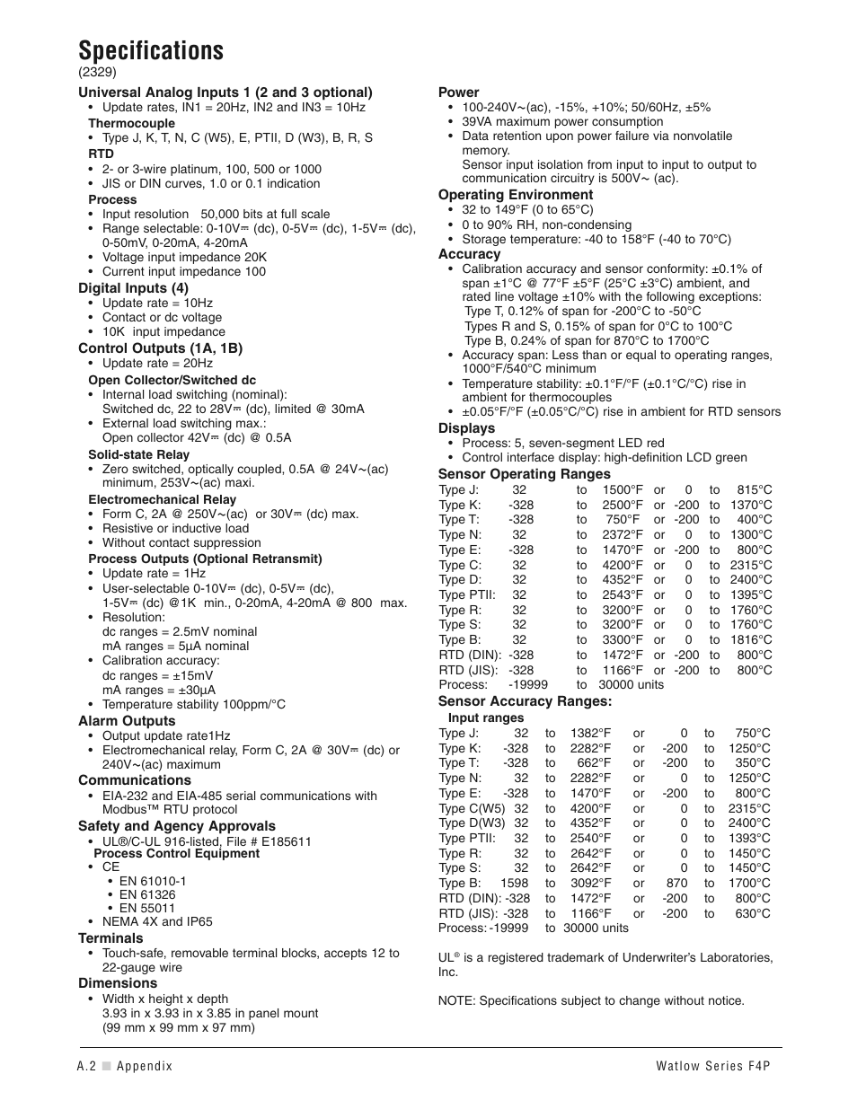 Specifications | Watlow Series F4P User Manual | Page 110 / 124