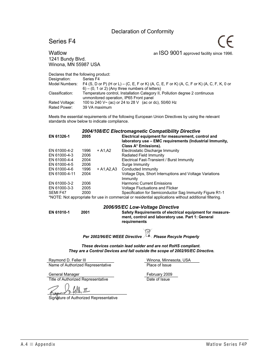 Series f4, Watlow, Iso 9001 | Declaration of conformity | Watlow Series F4P User Manual | Page 112 / 124