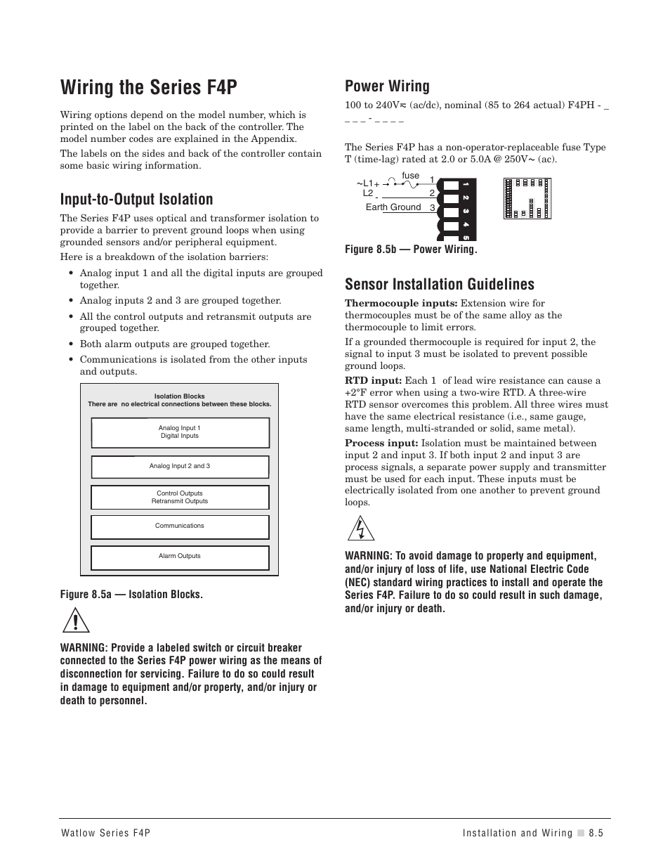 Wiring the series f4p, Input-to-output isolation, Power wiring | Sensor installation guidelines | Watlow Series F4P User Manual | Page 83 / 124