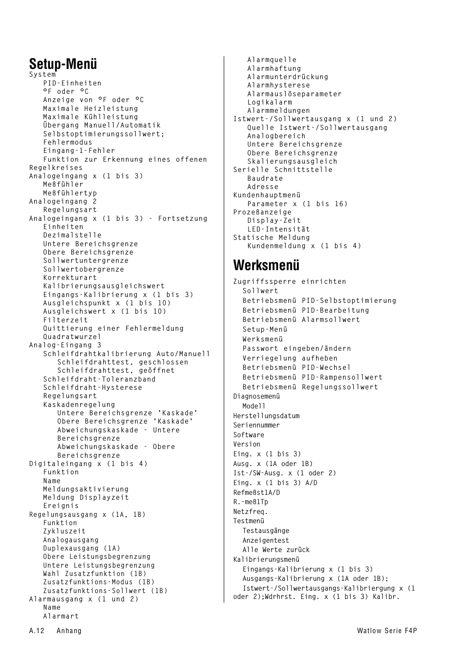 Setup-menü, Werksmenü, Siehe kapitel 4 | Siehe kapitel 5 | Watlow Series F4P User Manual | Page 100 / 104