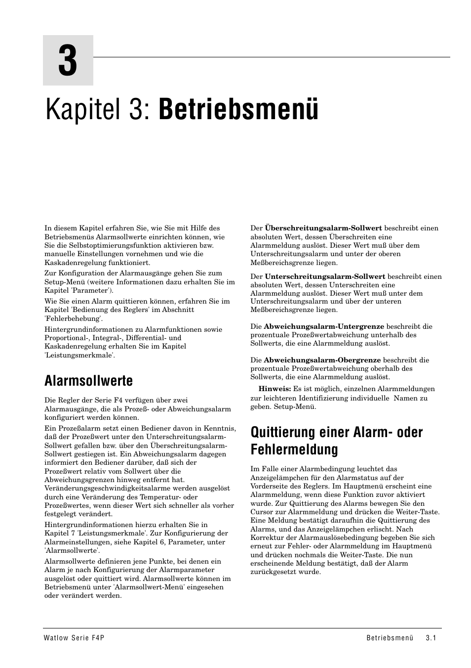 Kapitel 3: betriebsmenü, Alarmsollwerte, Quittierung einer alarm- oder fehlermeldung | Quittierung einer alarm- oder, Fehlermeldung | Watlow Series F4P User Manual | Page 13 / 104