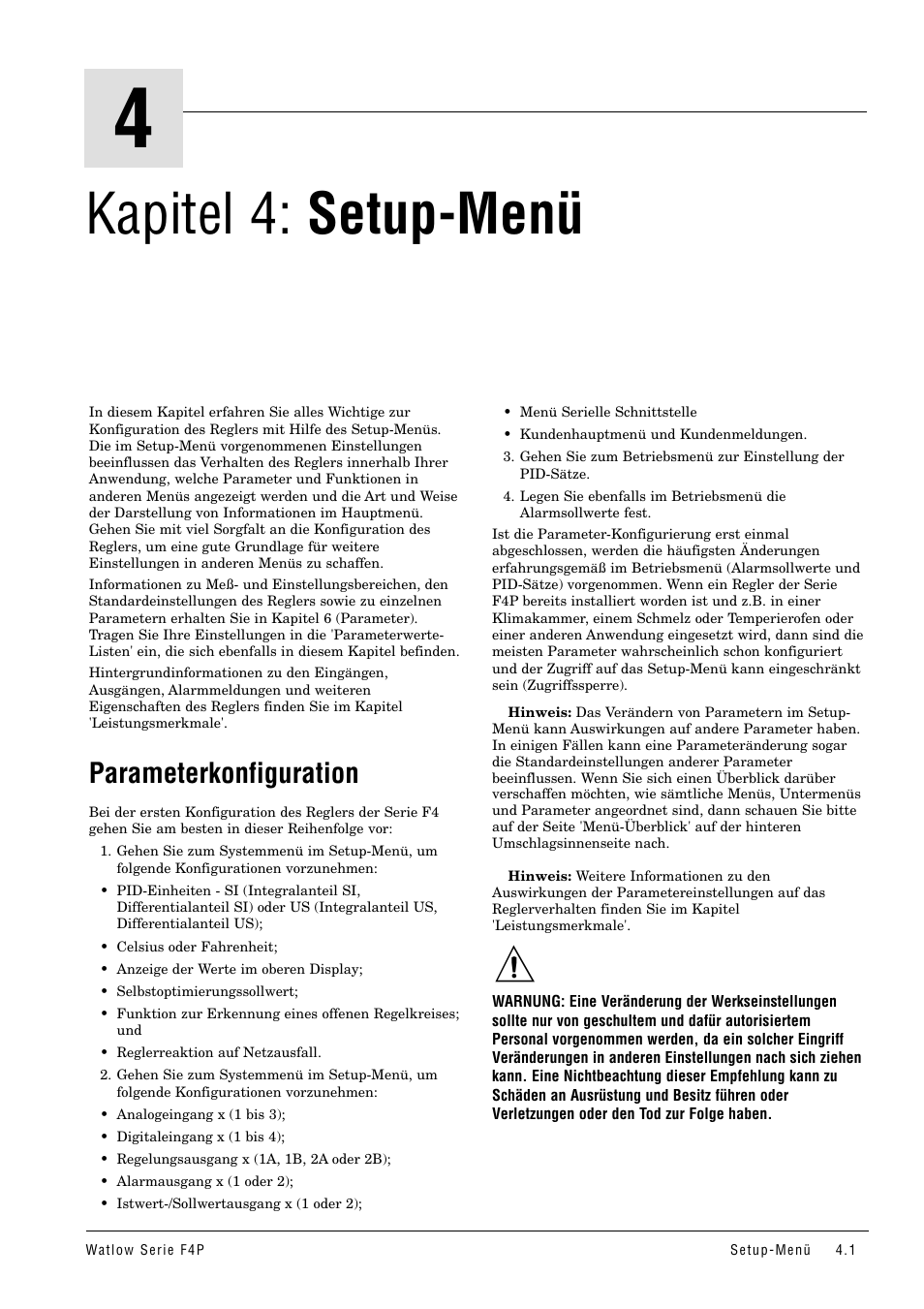 Kapitel 4: setup-menü, Parameterkonfiguration | Watlow Series F4P User Manual | Page 17 / 104