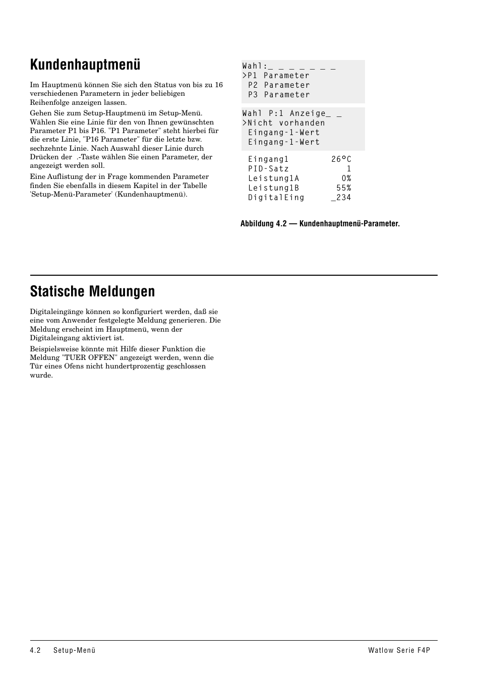 Kundenhauptmenü, Statische meldungen | Watlow Series F4P User Manual | Page 18 / 104