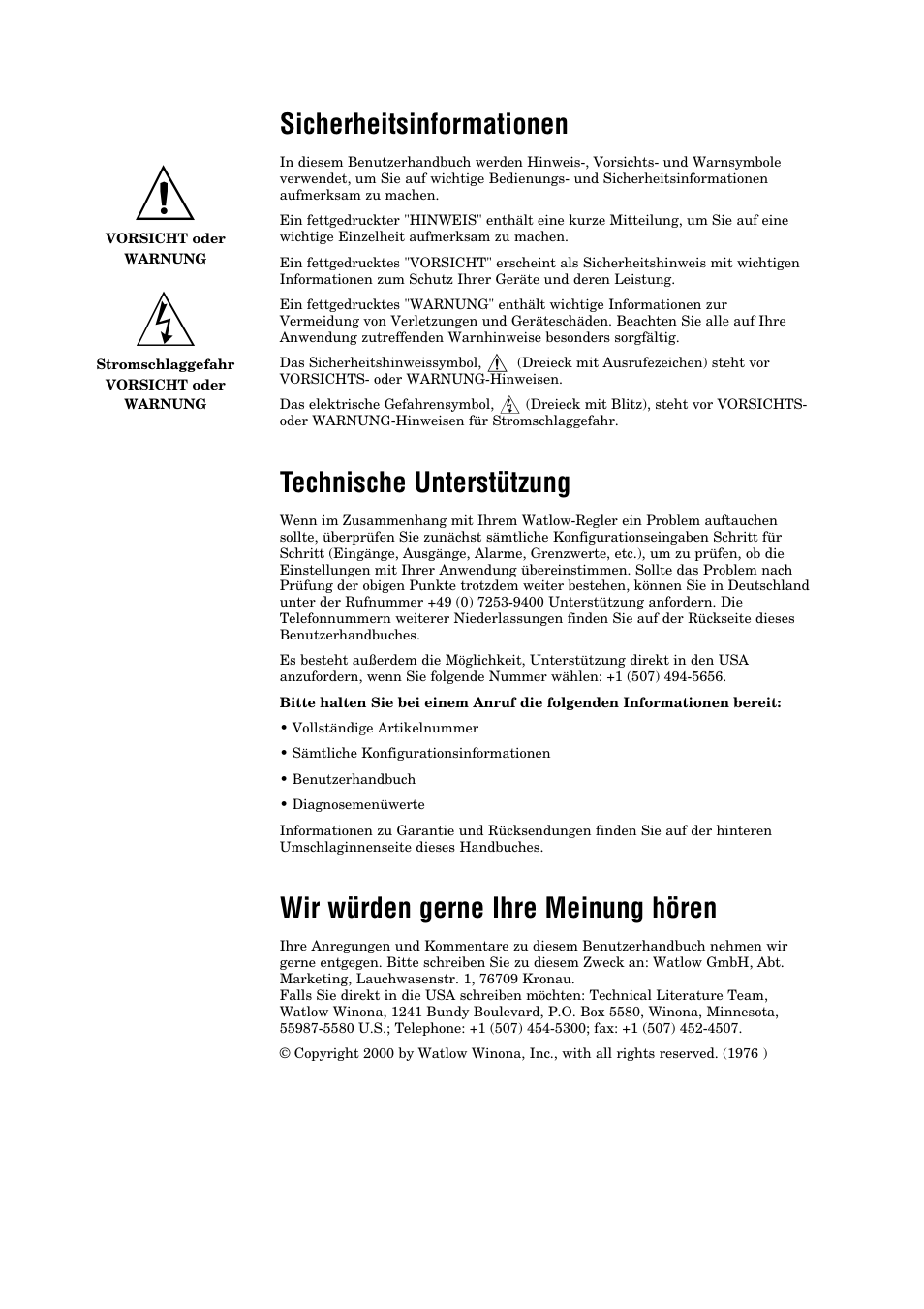 Sicherheitsinformationen, Technische unterstützung, Wir würden gerne ihre meinung hören | Watlow Series F4P User Manual | Page 2 / 104
