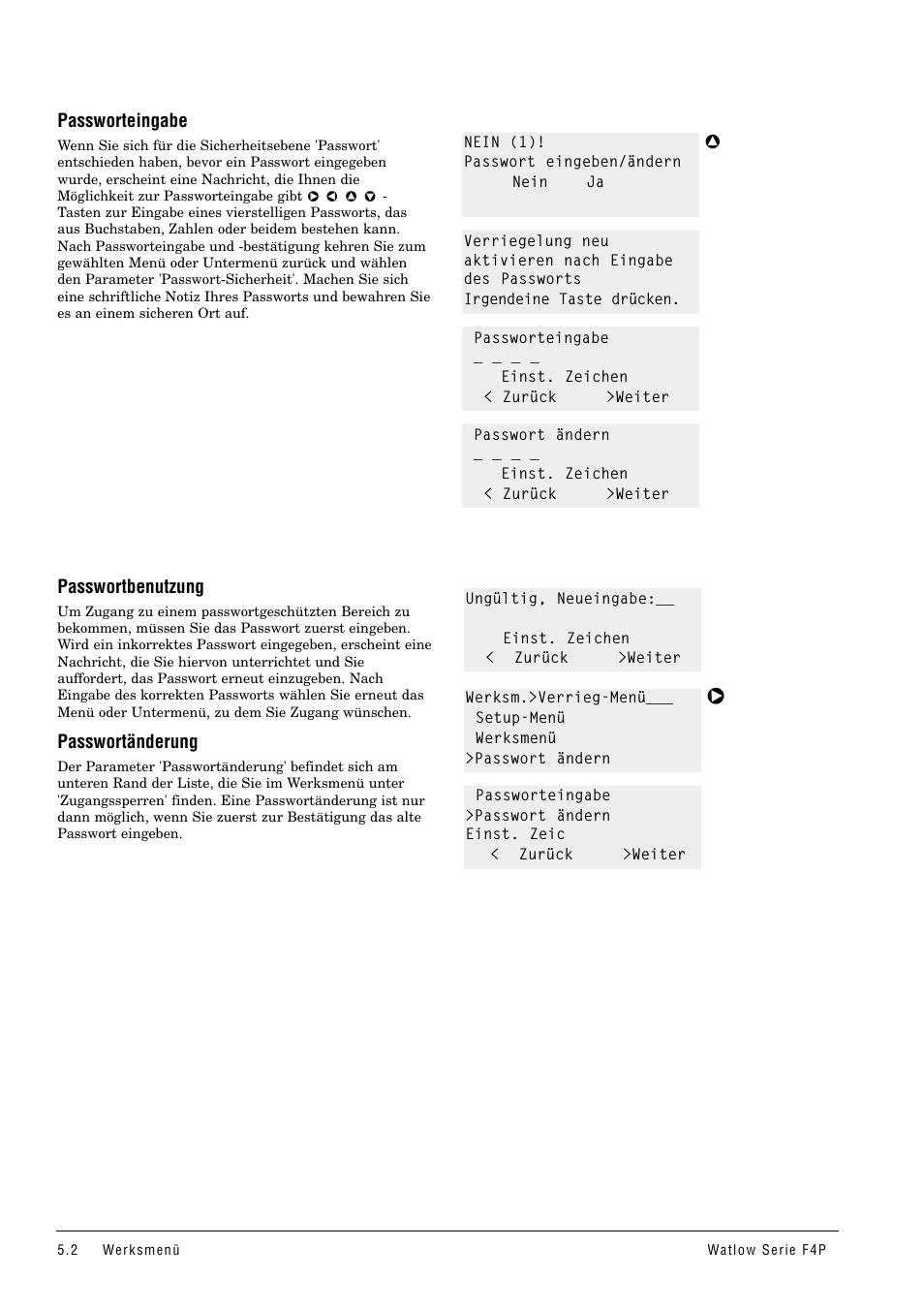 Passworteingabe, Passwortbenutzung, Passwortänderung | Watlow Series F4P User Manual | Page 20 / 104