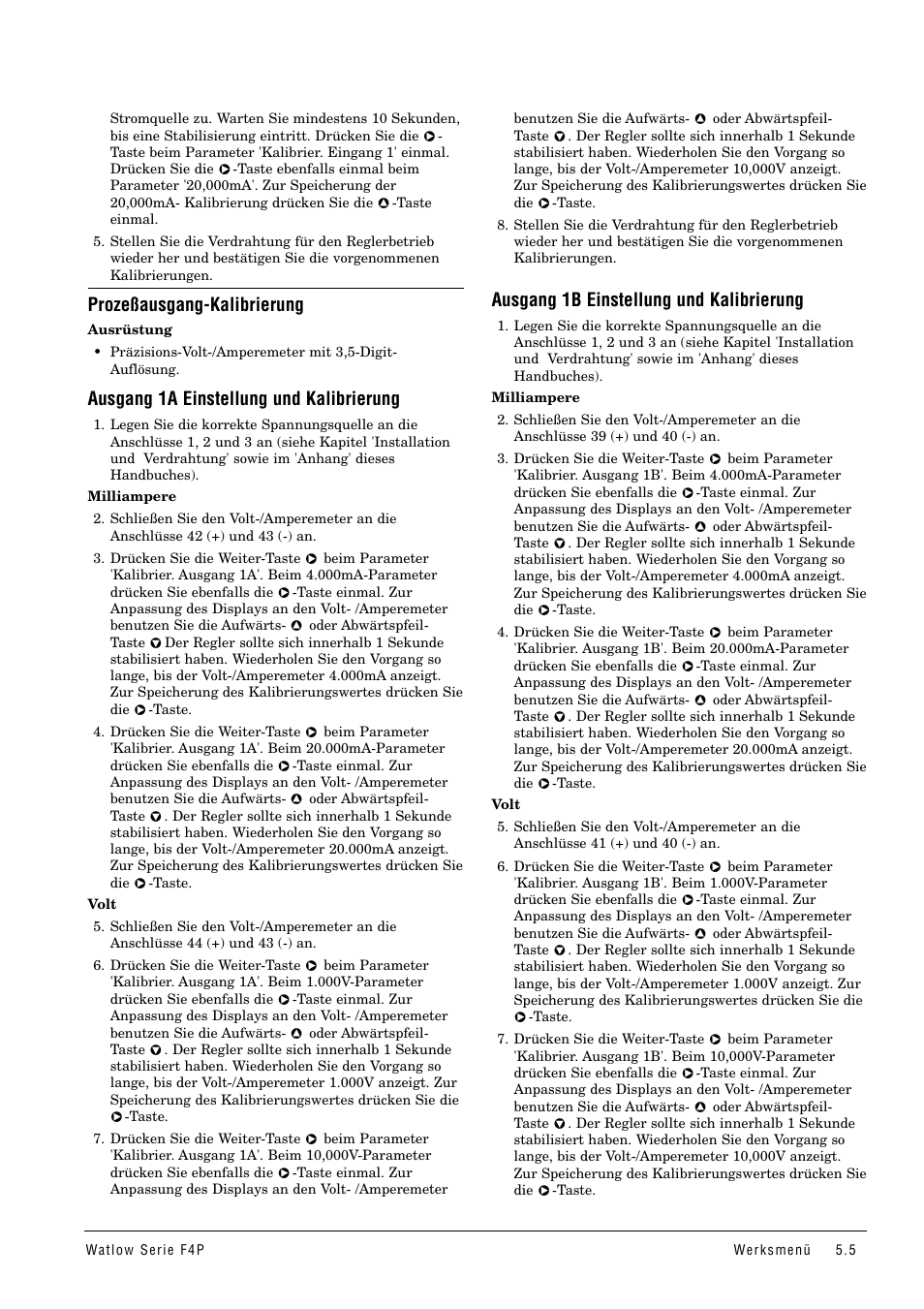 Prozeßausgang-kalibrierung, Ausgang 1a einstellung und kalibrierung, Ausgang 1b einstellung und kalibrierung | Watlow Series F4P User Manual | Page 23 / 104