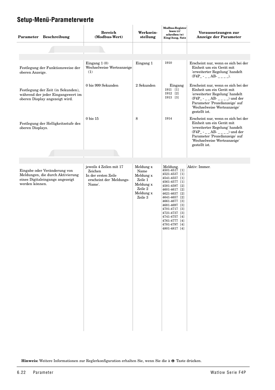 Setup-menü-parameterwerte, Statische meldung, Prozeßanzeige | Hauptmenü > setup-menü > statische meldung, Hauptmenü > setup-menü > prozeßanzeige | Watlow Series F4P User Manual | Page 46 / 104