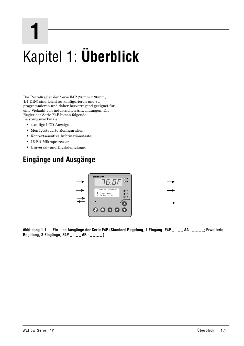 Kapitel 1: überblick, Eingänge und ausgänge | Watlow Series F4P User Manual | Page 5 / 104