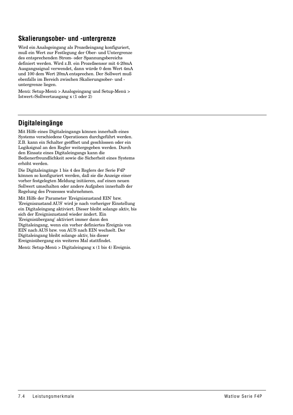 Skalierungsober- und -untergrenze, Digitaleingänge, Skalierungsober- und -untergrenze digitaleingänge | Watlow Series F4P User Manual | Page 58 / 104