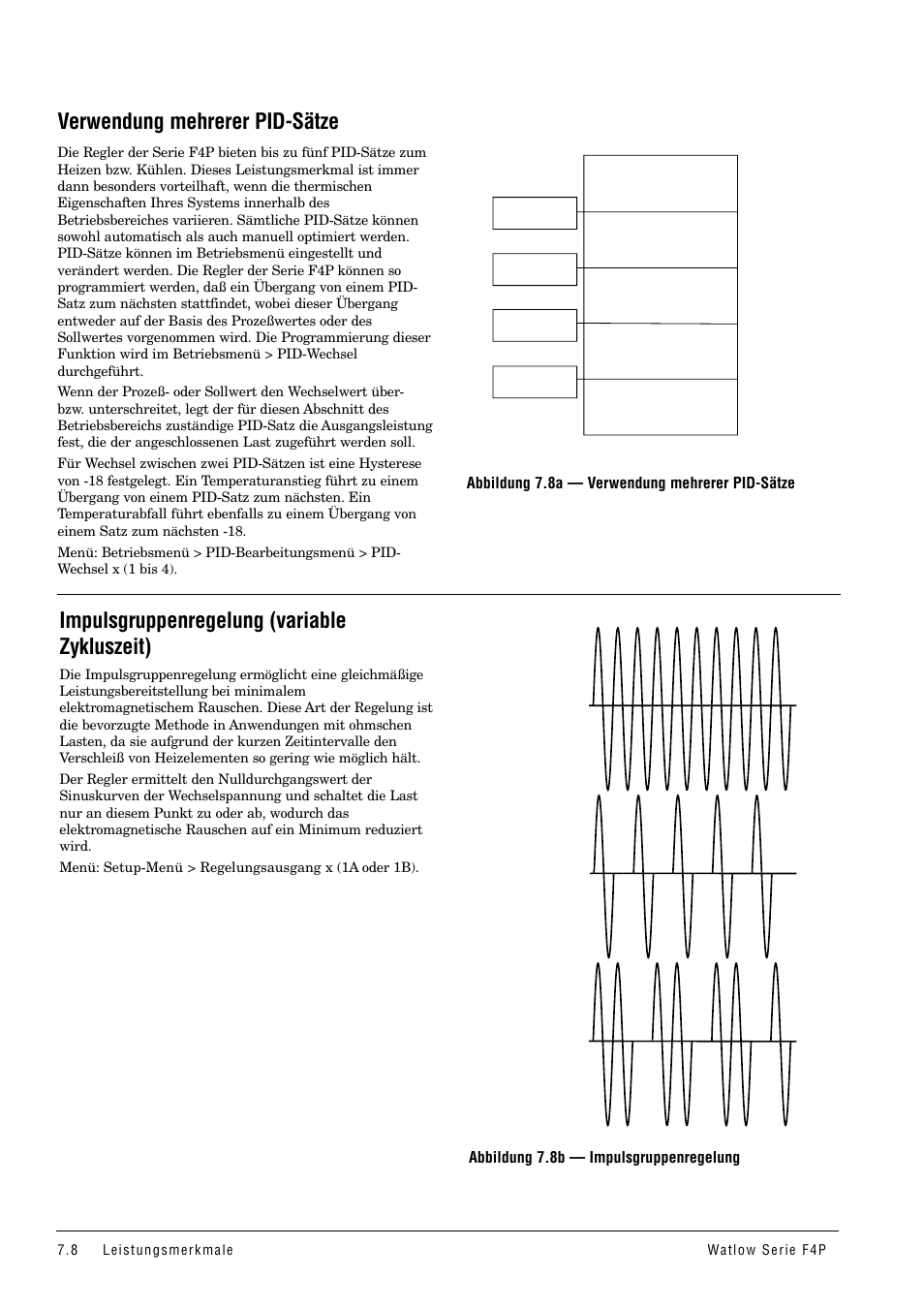 Verwendung mehrerer pid-sätze, Impulsgruppenregelung (variable zykluszeit), Abbildung 7.8a — verwendung mehrerer pid-sätze | Abbildung 7.8b — impulsgruppenregelung 66% ausgang, 50% ausgangt, 100% ausgang | Watlow Series F4P User Manual | Page 62 / 104