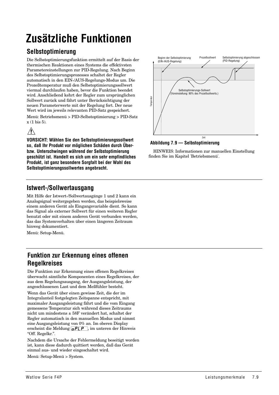 Zusätzliche funktionen, Selbstoptimierung, Istwert-/sollwertausgang | Funktion zur erkennung eines offenen regelkreises | Watlow Series F4P User Manual | Page 63 / 104
