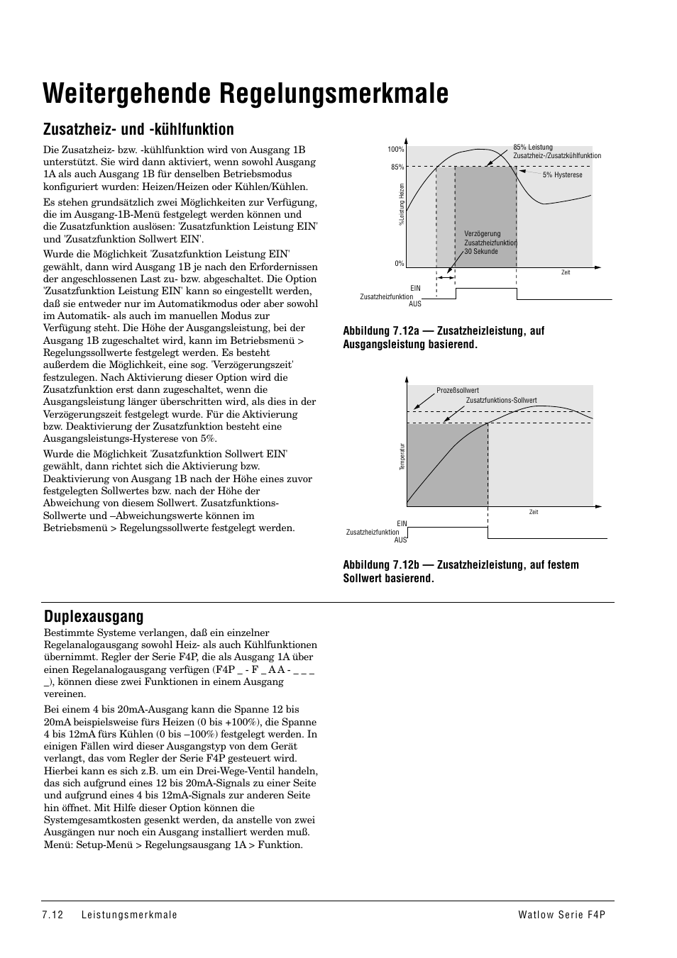 Weitergehende regelungsmerkmale, Zusatzheiz- und -kühlfunktion, Duplexausgang | Zusatzheiz- und -kühlfunktion duplexausgang | Watlow Series F4P User Manual | Page 66 / 104