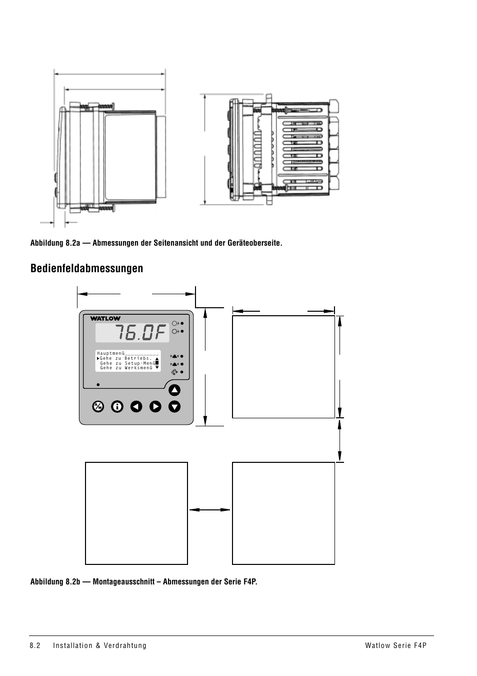 Bedienfeldabmessungen, Montageausschnitt, Montagetafelstärke | Watlow Series F4P User Manual | Page 74 / 104
