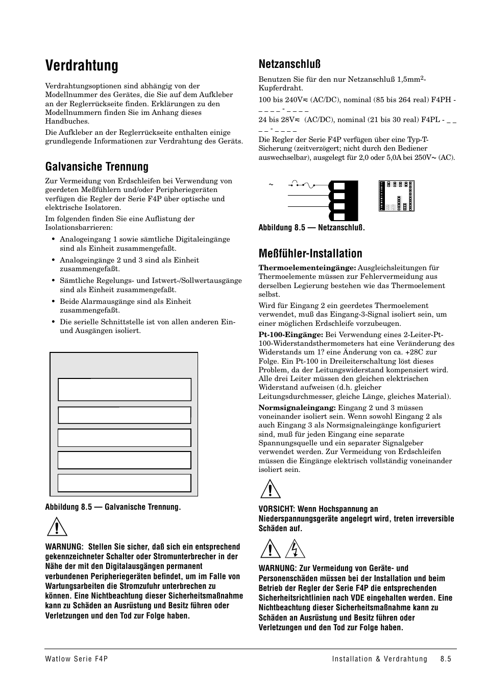 Verdrahtung, Galvansiche trennung, Netzanschluß | Meßfühler-installation 7 8, Verdrahtung des reglers der serie f4p, Galvanische trennung, Meßfühler-installation | Watlow Series F4P User Manual | Page 77 / 104