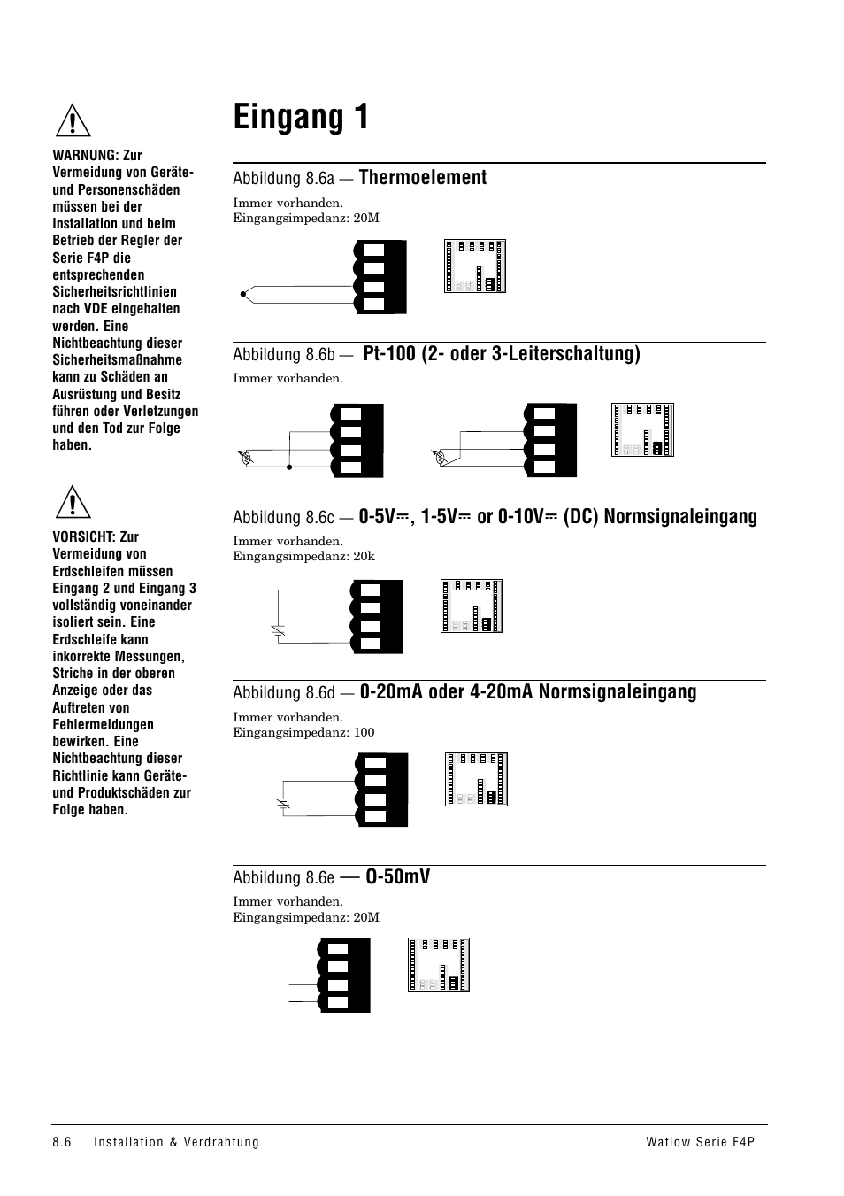 Eingang 1, Thermoelement, O-50mv | Abbildung 8.6a, Abbildung 8.6b, Abbildung 8.6c, Abbildung 8.6d, Abbildung 8.6e | Watlow Series F4P User Manual | Page 78 / 104