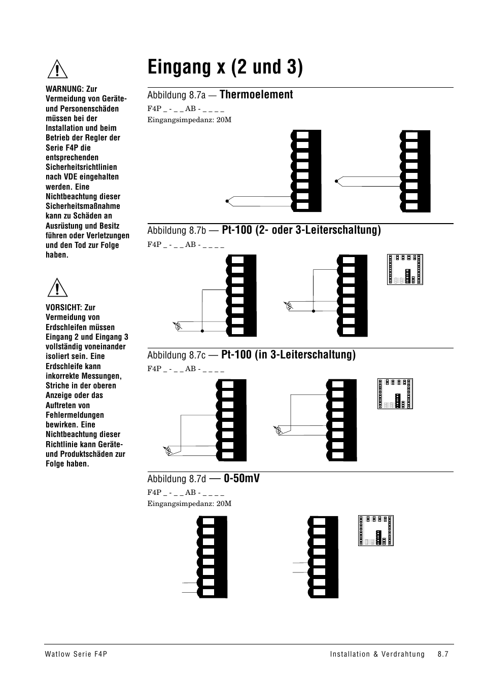 Eingang x (2 und 3), Thermoelement, Pt-100 (in 3-leiterschaltung) | 50mv, Abbildung 8.7a, Abbildung 8.7b, Abbildung 8.7c, Abbildung 8.7d | Watlow Series F4P User Manual | Page 79 / 104