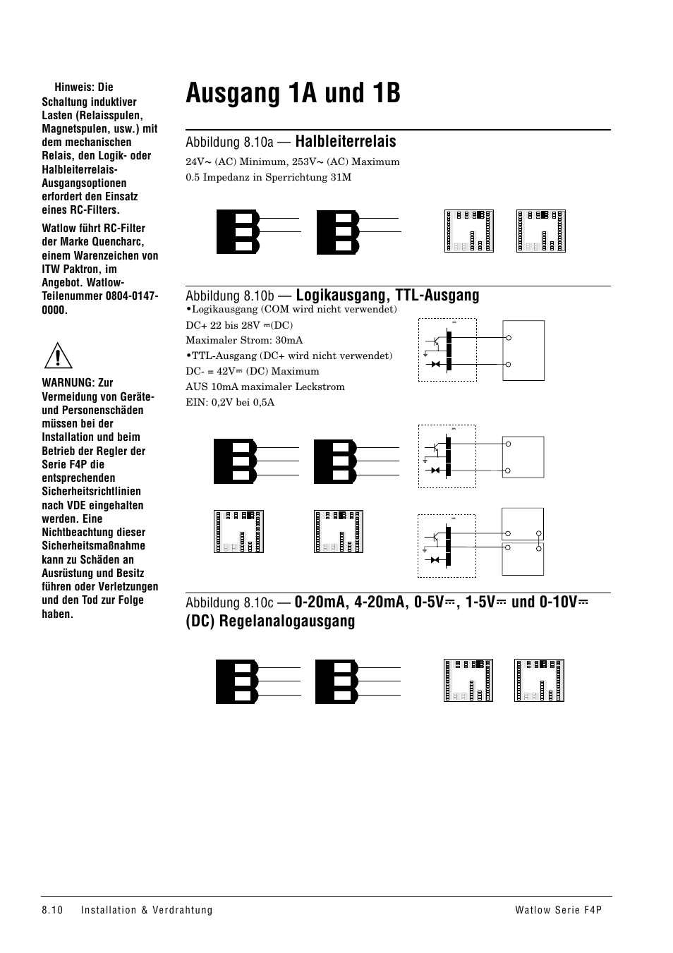 Ausgang 1a und 1b, Ausgang x (1a und1b ), Halbleiterrelais | Logikausgang, ttl-ausgang, Abbildung 8.10a, Abbildung 8.10b, Abbildung 8.10c | Watlow Series F4P User Manual | Page 82 / 104