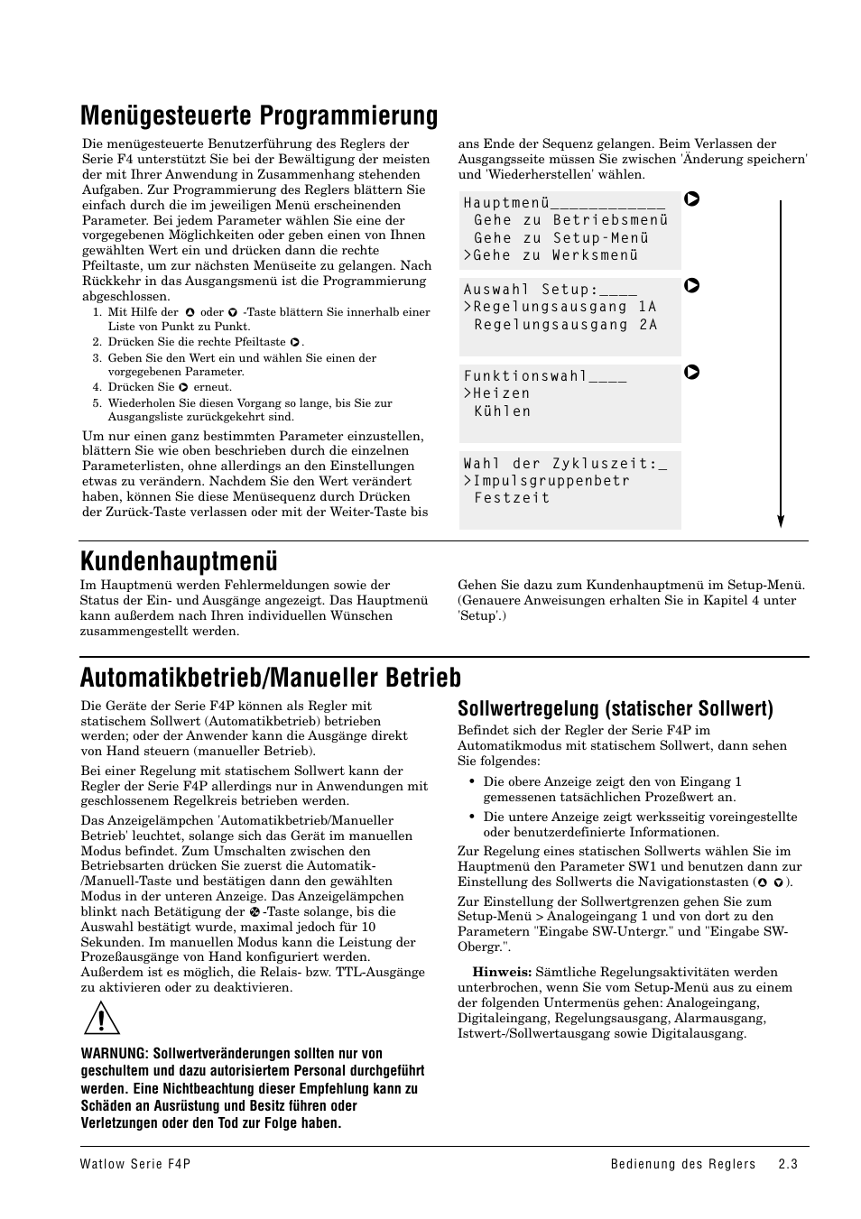 Menügesteuerte programmierung, Kundenhauptmenü, Automatikbetrieb/manueller betrieb | Sollwertregelung (statischer sollwert) | Watlow Series F4P User Manual | Page 9 / 104