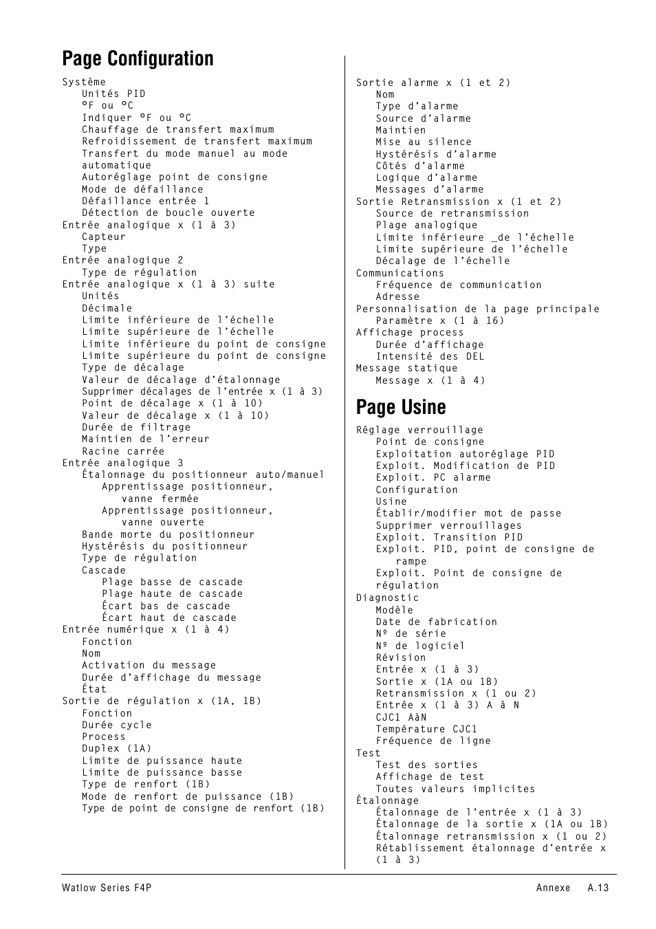 Carte, logiciel a.13, A.13, Page configuration | Page usine, Voir le chapitre 4, Voir le chapitre 5 | Watlow Series F4P User Manual | Page 101 / 104