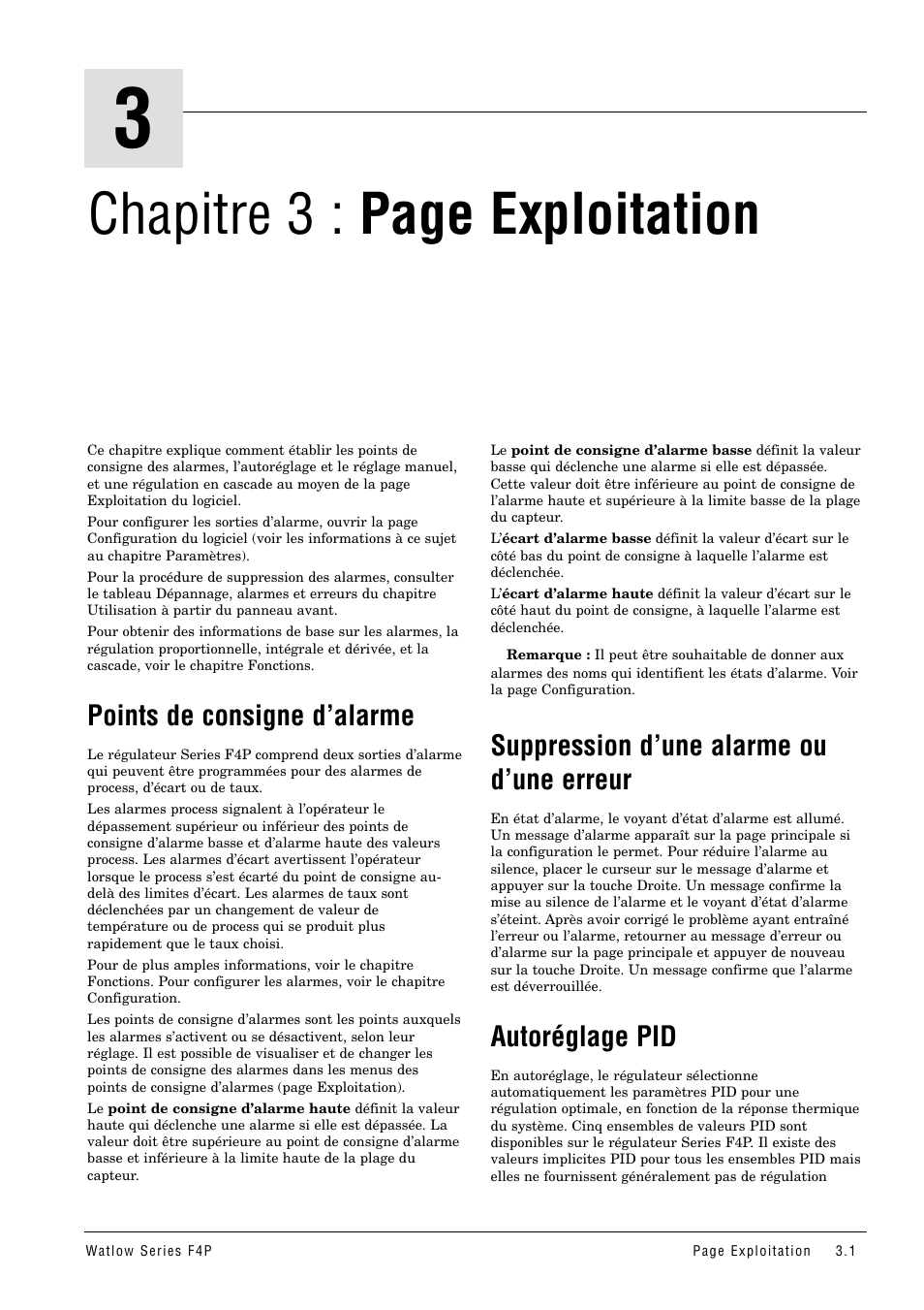 Points de consigne d’alarme, Suppression d’une alarme ou d’une erreur, Autoréglage pid | Suppression d’une alarme ou, D’une erreur, Chapitre 3 : page exploitation | Watlow Series F4P User Manual | Page 13 / 104