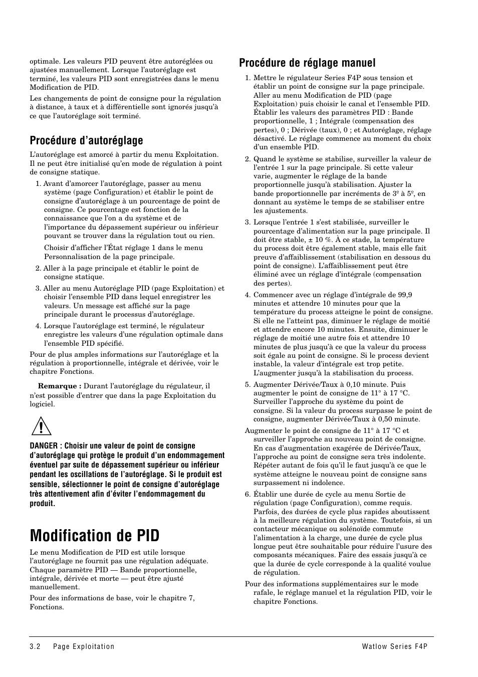 Procédure d’autoréglage, Modification de pid, Procédure de réglage manuel | Watlow Series F4P User Manual | Page 14 / 104