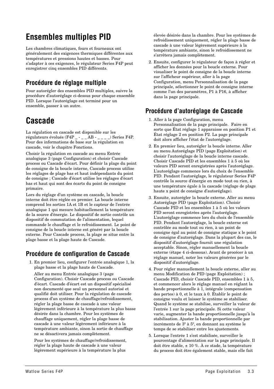 Ensembles multiples pid, Procédure de réglage multiple, Cascade | Procédure de configuration de cascade, Procédure d’autoréglage de cascade | Watlow Series F4P User Manual | Page 15 / 104