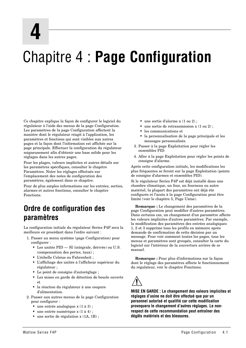 Ordre de configuration des paramètres, Chapitre 4 : page configuration | Watlow Series F4P User Manual | Page 17 / 104