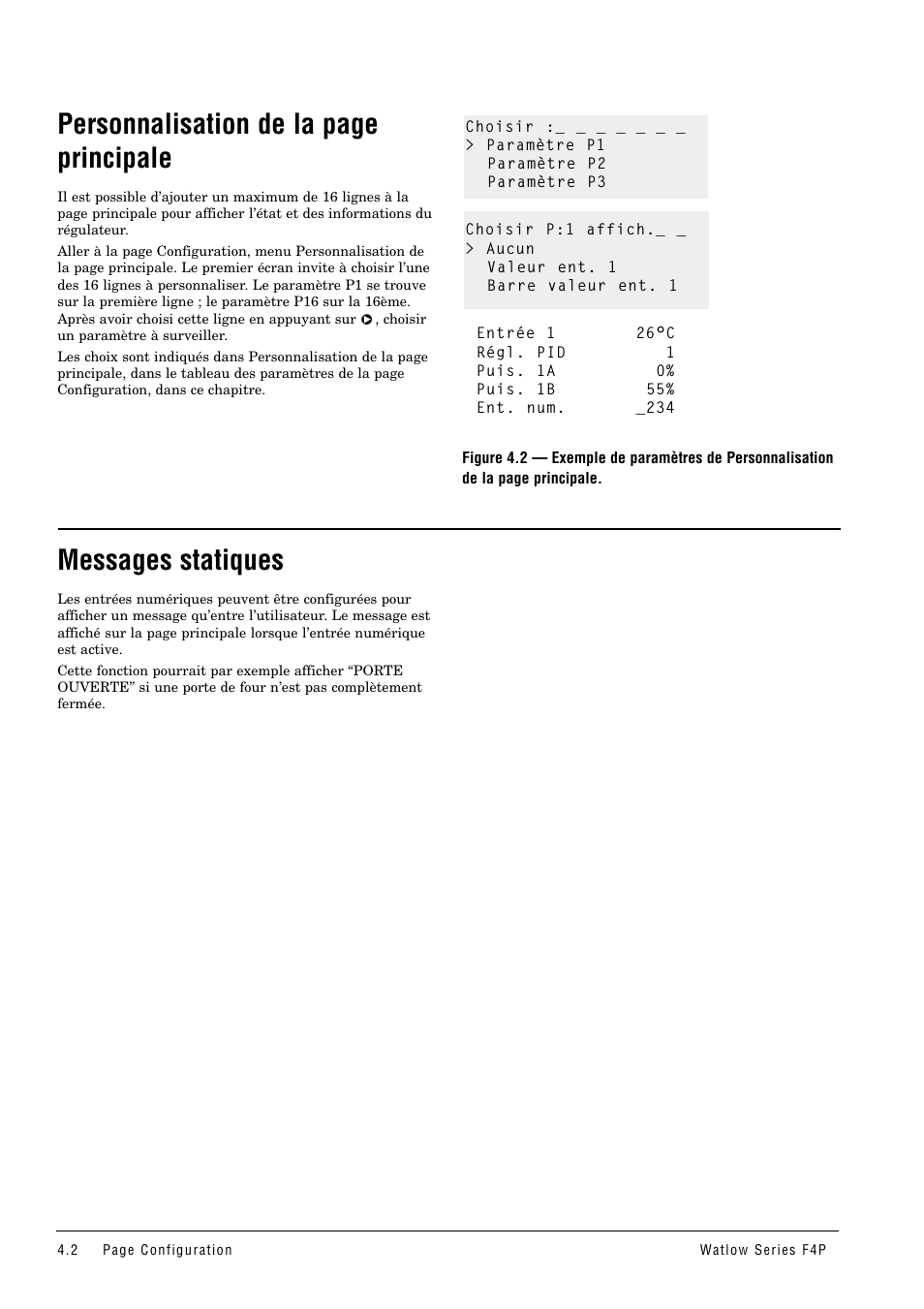 Messages statiques, Personnalisation de la page principale | Watlow Series F4P User Manual | Page 18 / 104