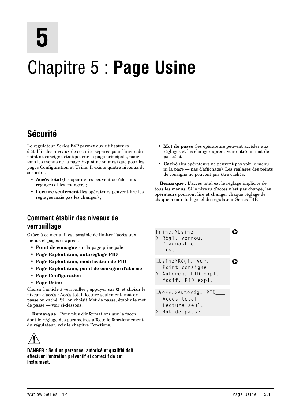 Sécurité, Comment établir des niveaux de verrouillage, Chapitre 5 : page usine | Watlow Series F4P User Manual | Page 19 / 104