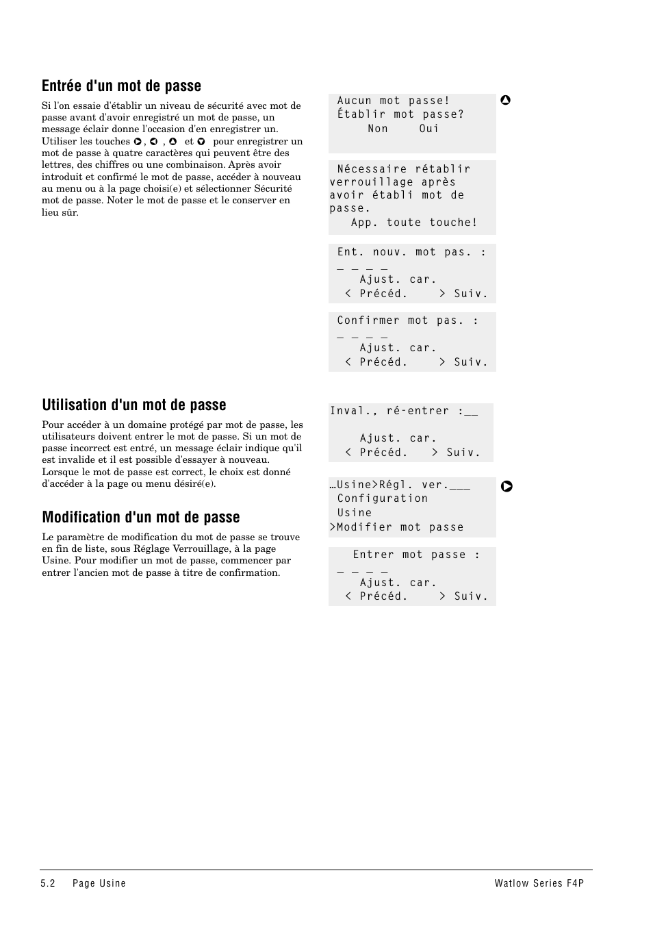 Entrée d'un mot de passe, Utilisation d'un mot de passe, Modification d'un mot de passe | Watlow Series F4P User Manual | Page 20 / 104