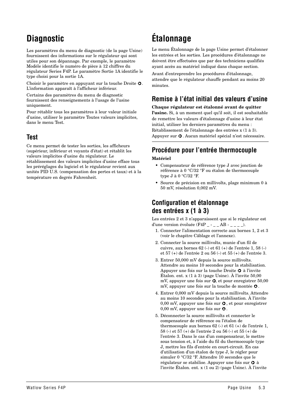 Diagnostic, Test, Étalonnage | Remise à l’état initial des valeurs d’usine, Procédure pour l’entrée thermocouple, Configuration et étalonnage des entrées x (1 à 3) | Watlow Series F4P User Manual | Page 21 / 104