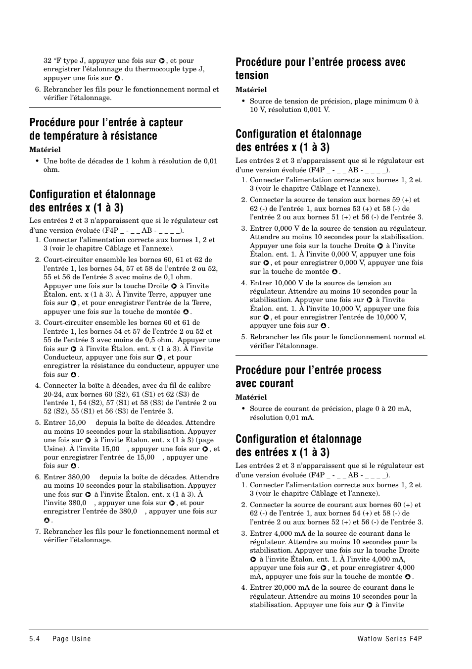 Configuration et étalonnage des entrées x (1 à 3), Procédure pour l’entrée process avec tension, Procédure pour l’entrée process avec courant | Watlow Series F4P User Manual | Page 22 / 104