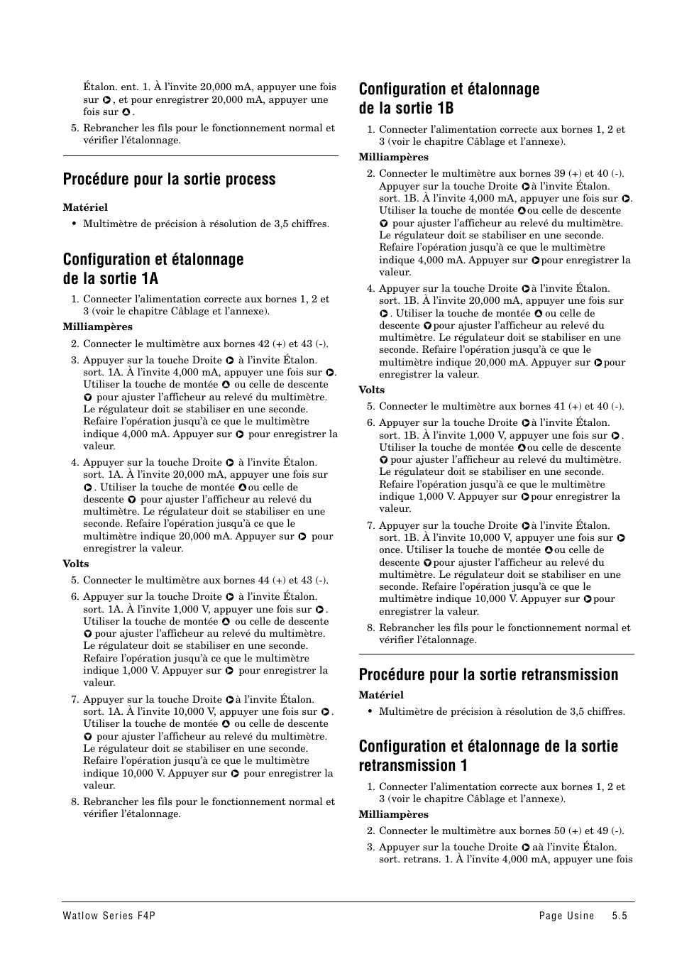 Procédure pour la sortie process, Configuration et étalonnage de la sortie 1a, Configuration et étalonnage de la sortie 1b | Procédure pour la sortie retransmission | Watlow Series F4P User Manual | Page 23 / 104