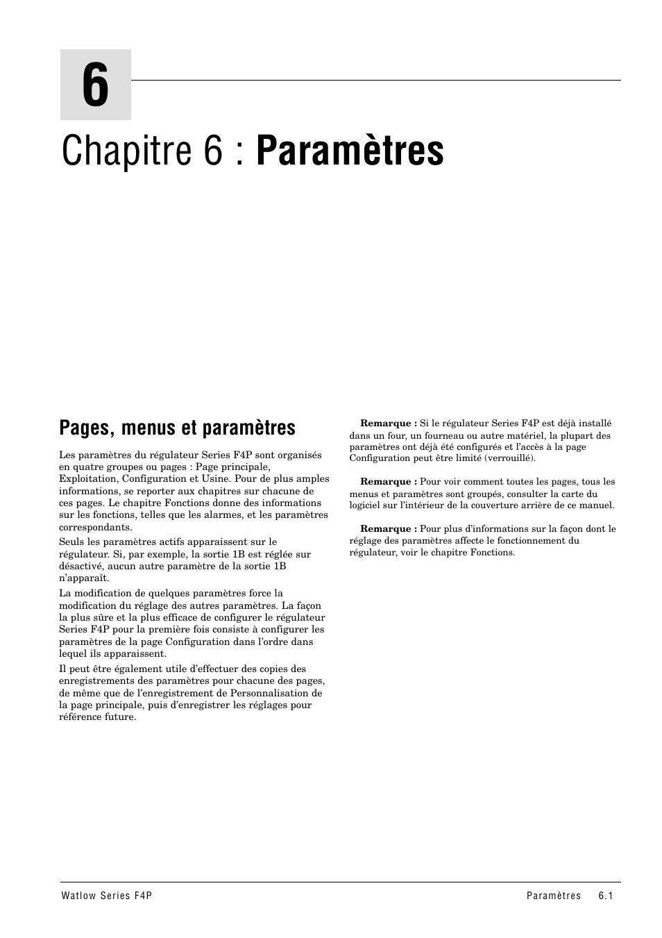 Chapitre 6 : paramètres, Pages, menus et paramètres | Watlow Series F4P User Manual | Page 25 / 104