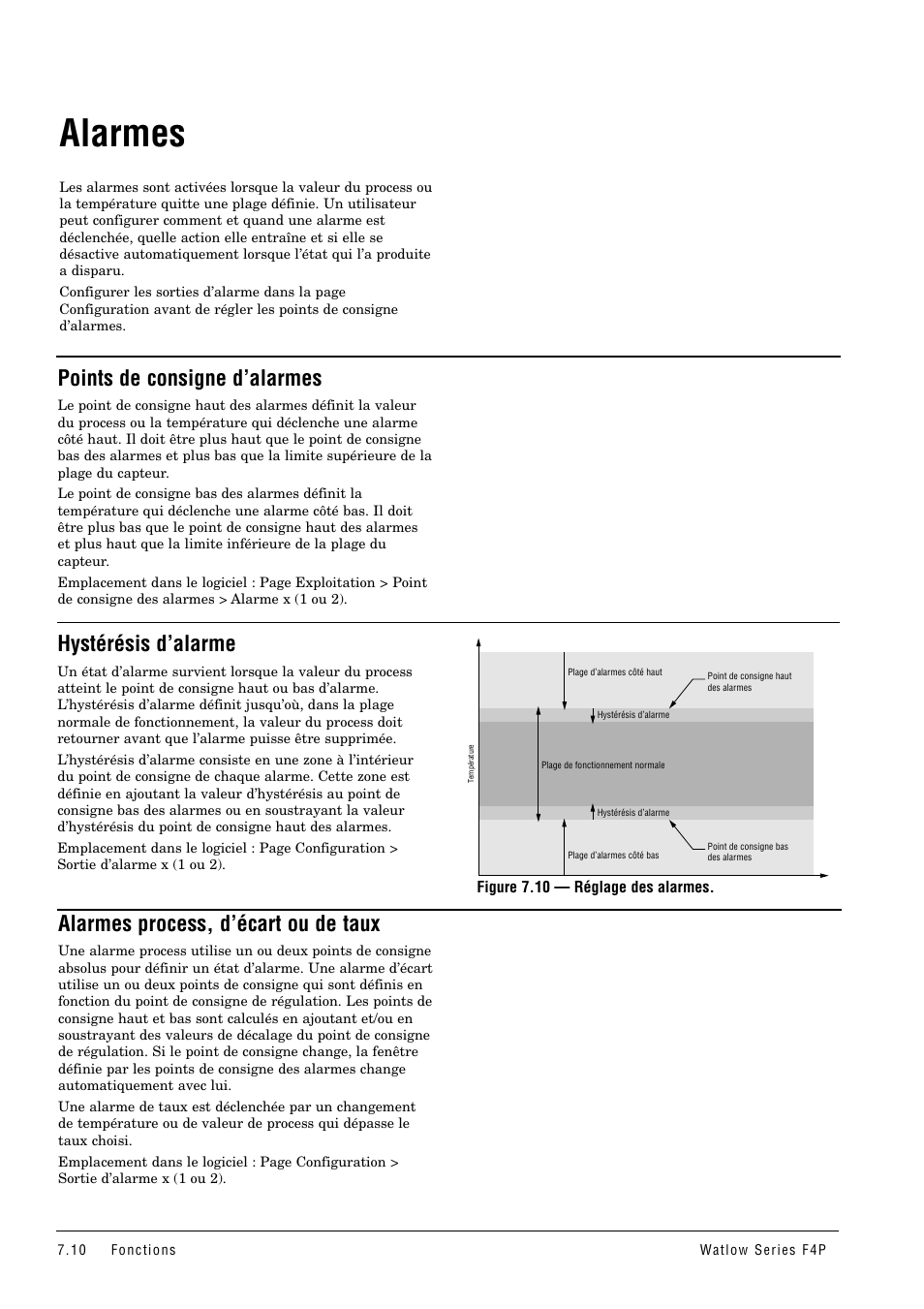 Alarmes, Points de consigne d’alarmes, Hystérésis d’alarme | Alarmes process, d’écart ou de taux | Watlow Series F4P User Manual | Page 64 / 104