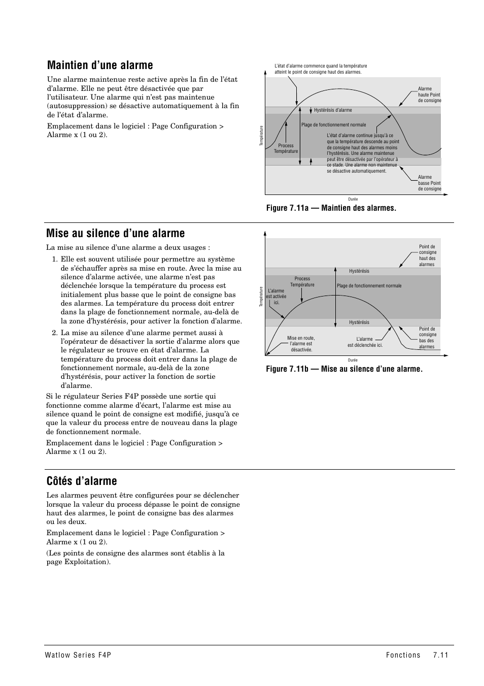 Maintien d’une alarme, Mise au silence d’une alarme, Côtés d’alarme | Figure 7.11a — maintien des alarmes, Figure 7.11b — mise au silence d’une alarme | Watlow Series F4P User Manual | Page 65 / 104