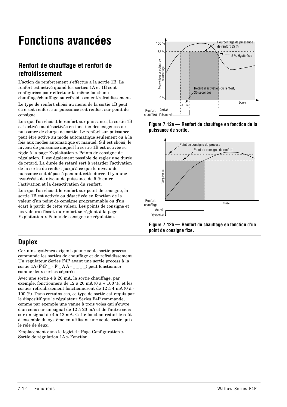 Fonctions avancées, Renfort de chauffage et renfort de refroidissement, Duplex | Renfort de chauffage et renfort, De refroidissement | Watlow Series F4P User Manual | Page 66 / 104