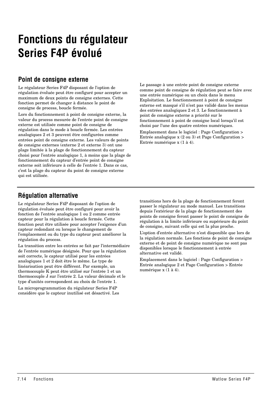 Fonctions du régulateur series f4p évolué, Point de consigne externe, Régulation alternative | Fonctions du régulateur series f4p, Évolué | Watlow Series F4P User Manual | Page 68 / 104