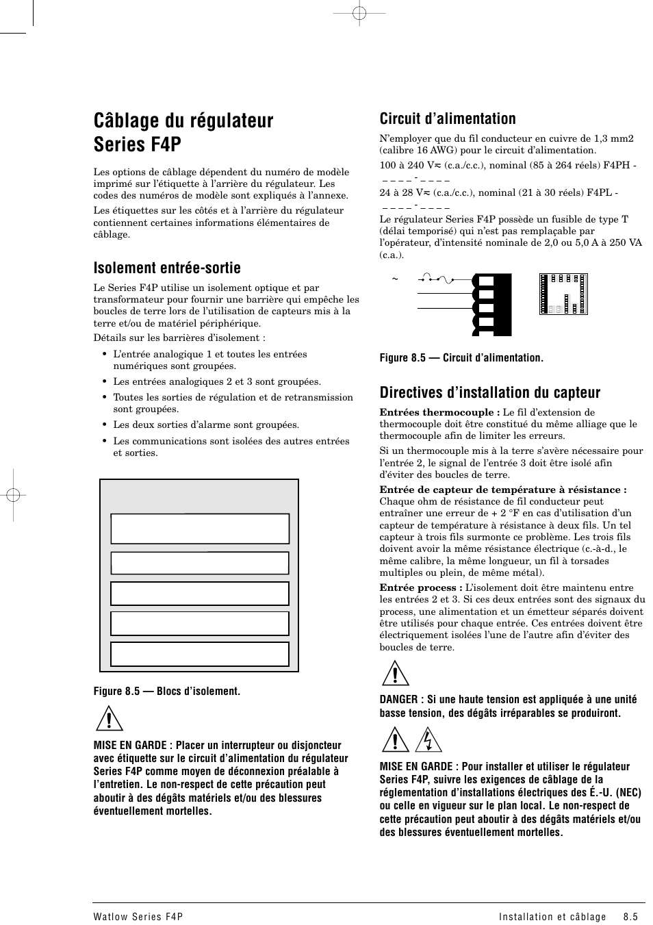 Câblage du régulateur series f4p, Isolement entrée-sortie, Circuit d’alimentation | Directives d’installation du capteur 9 10, Câblage du régulateur f4p, Directives d’installation du capteur | Watlow Series F4P User Manual | Page 77 / 104