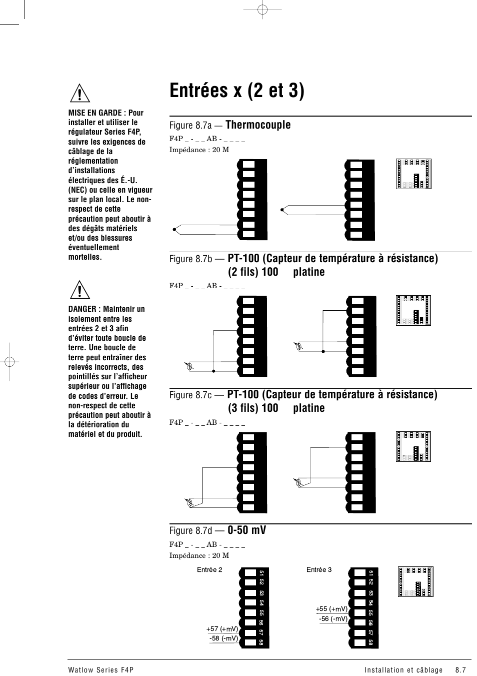 Entrées x (2 et 3), Thermocouple, 50 mv | Figure 8.7a, Figure 8.7b, Figure 8.7c, Figure 8.7d | Watlow Series F4P User Manual | Page 79 / 104