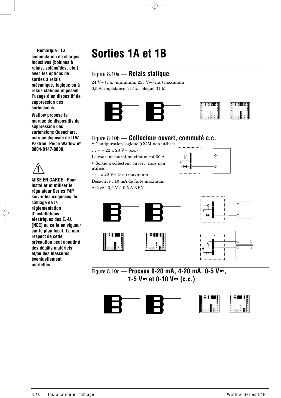 Sorties 1a et 1b, Relais statique, Collecteur ouvert, commuté c.c | Figure 8.10a, Figure 8.10b, Figure 8.10c | Watlow Series F4P User Manual | Page 82 / 104